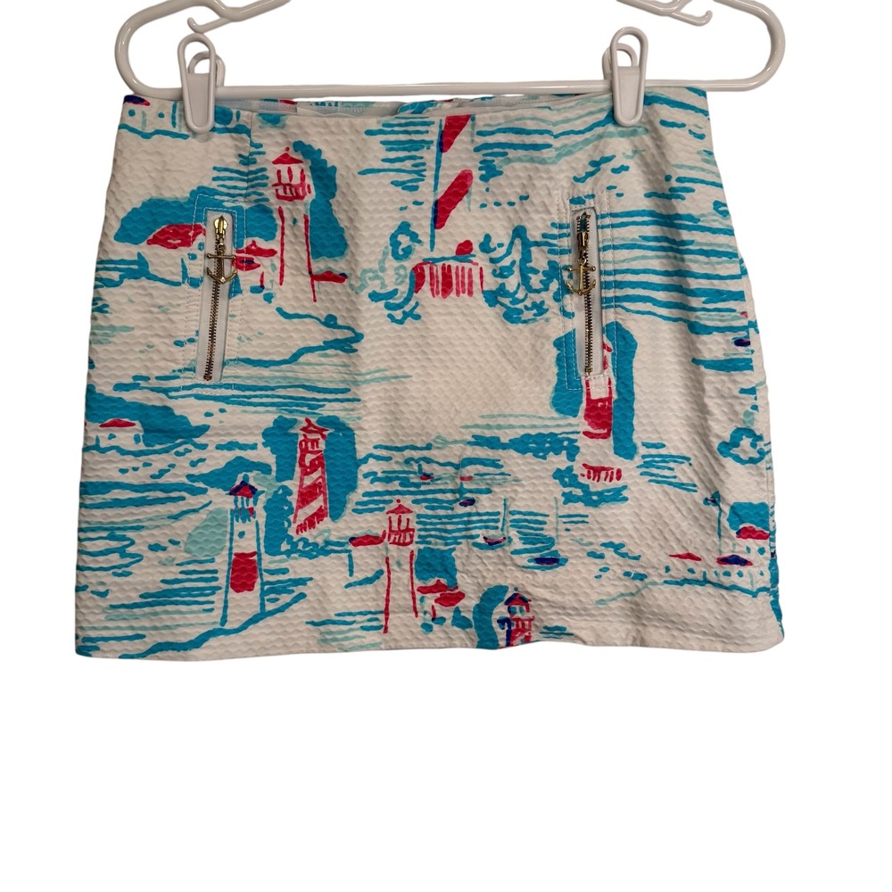 Lilly Pulitzer Tate Watch out Lighthouse Seersucker Mini Skirt Pink White Sz 2 - Picture 1 of 9